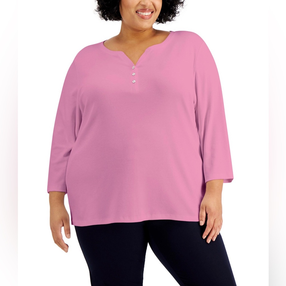 Karen Scott Pink Notch-Neck Henley 3/4 Sleeve Top, Plus Size 2X, NWT